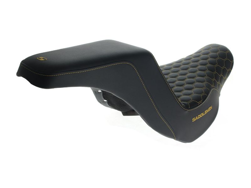 Saddlemnen motorcycle seat with black and yellow stitching, custom fit for comfort and style.