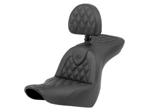 Luxurious black quilted motorcycle passenger seat with adjustable headrest for Revelry Motorcycles.