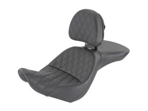 Comfortable black quilted motorcycle passenger seat with backrest for Revelry Motorcycles.