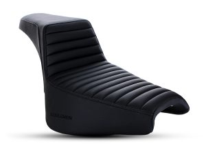 Motorcycle solo seat for Revelry Motorcycles, black leather, custom fit, comfort, and style.