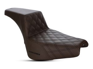 Premium brown leather motorcycle seat for Revelry motorcycles, custom comfort and style.