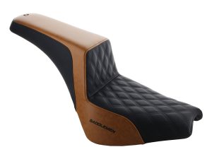 Luxurious black and tan motorcycle saddle seat with diamond stitching for Harley Davidson bikes.