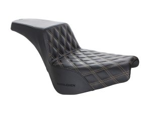 Luxurious black motorcycle seat with gold stitching for enhanced rider comfort.