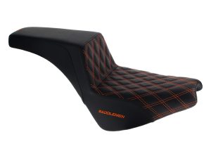 Performance motorcycle seat with black leather and orange stitching, ideal for custom bikes.