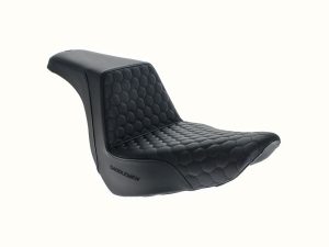 Comfortable black motorcycle solo seat with honeycomb stitching for Revelry Motorcycles.