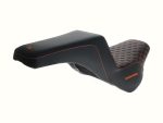 Premium motorcycle seat with black and orange stitching for Revelry Motorcycles enthusiasts.