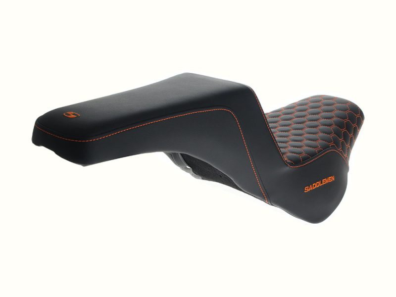 Premium motorcycle seat with black and orange stitching for Revelry Motorcycles enthusiasts.