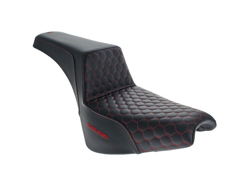 Premium black motorcycle seat with red hexagonal stitching for Rebelry Motorcycles.