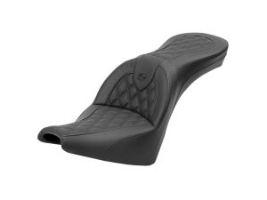 Comfortable black motorcycle seat with quilted stitching for Revelry Motorcycles.