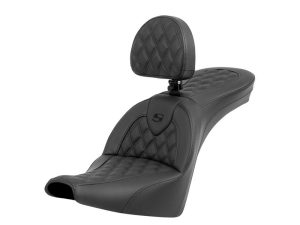 Premium black motorcycle seat with quilted stitching and adjustable backrest for Revelry Motorcycles.