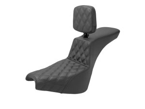 Luxurious black quilted motorcycle seat with premium padding and adjustable headrest. Perfect for custom Revelry Motorcycles.