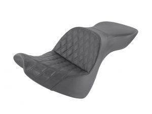 Comfortable black motorcycle seat with diamond stitching, designed for Revelry Motorcycles.