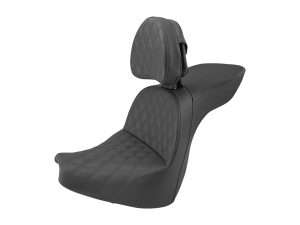 Leather motorcycle seat with headrest, perfect for Revelry Motorcycles in Australia.