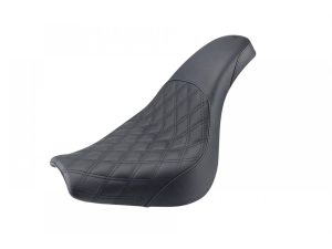 Premium black leather motorcycle seat with diamond stitching for Revelry Motorcycles.