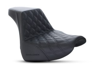 Black quilted motorcycle seat for Revelry Motorcycles, stylish and comfortable custom bike accessories.