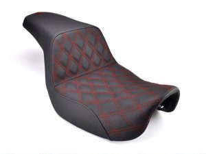 Saddle seat for Harley Davidson motorcycle with black leather and red stitching, perfect for motorcycle enthusiasts.