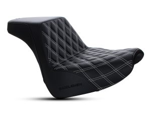 Premium black motorcycle seat with diamond stitching, designed for comfort and style.