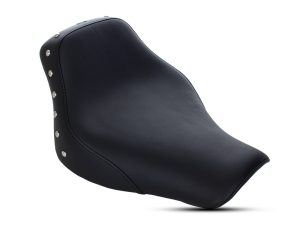 Black motorcycle seat with studded details for custom Harley-Davidson bikes.