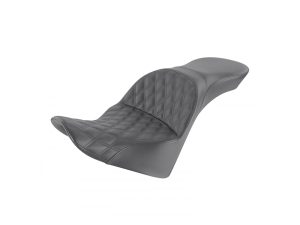 Premium black motorcycle seat with leather quilting for Revelry Motorcycles in Australia.