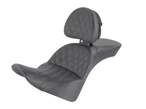 Premium quilted motorcycle passenger seat with backrest for Revelry Motorcycles AU.