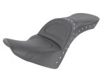 High-quality motorcycle passenger seat with studded detailing, perfect for cruiser and custom bikes.