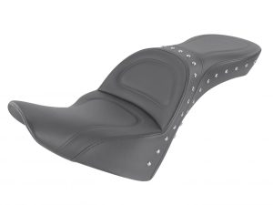 High-quality motorcycle passenger seat with studded detailing, perfect for cruiser and custom bikes.