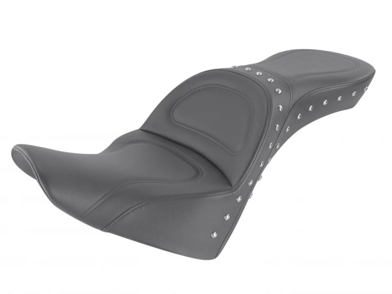 High-quality motorcycle passenger seat with studded detailing, perfect for cruiser and custom bikes.