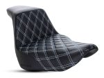 Comfortable black motorcycle seat with diamond stitching, perfect for cruising on Revelry Motorcycles.