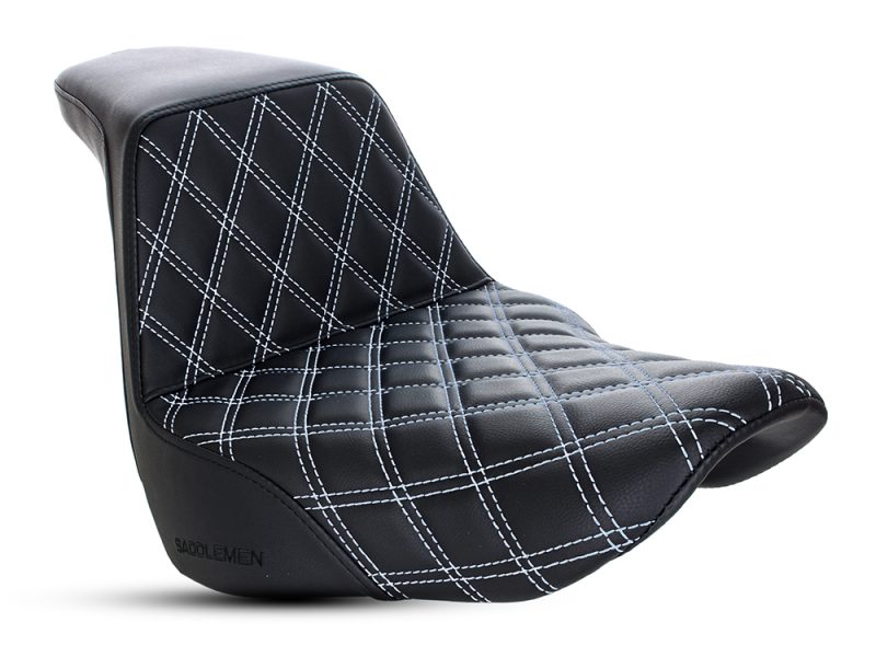 Premium black motorcycle seat with white diamond stitching for Revelry Motorcycles.
