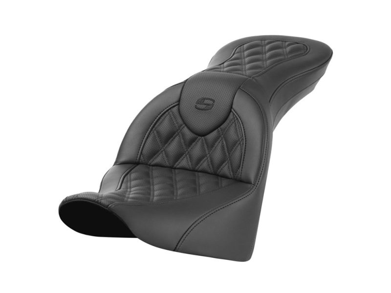 Comfortable black motorcycle seat with quilted stitching for Revelry Motorcycles enthusiasts.