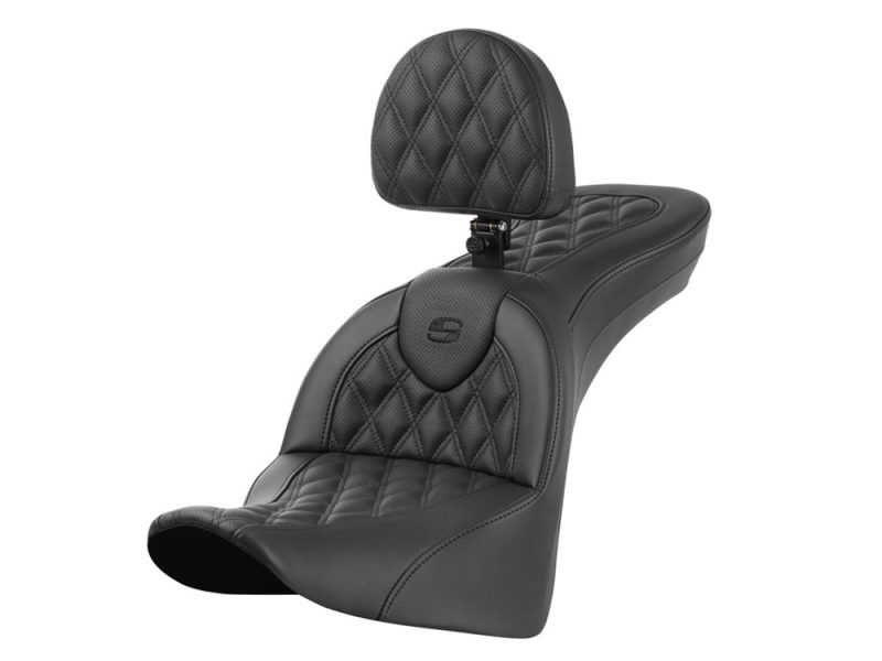Roadsofa LS Dual Seat With Backrest & with Black Double Diamond Lattice Stitch. Fits Softail Deluxe Comfortable black motorcycle seat with quilted stitching and adjustable headrest for Revelry Motorcycles.