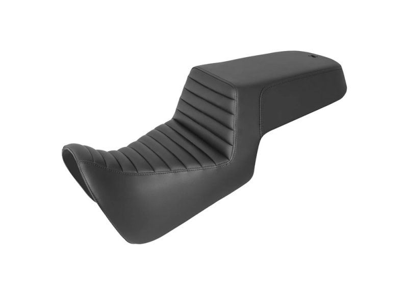 Step-Up Tuck & Roll Dual Seat. Fits Pan America 2021up. Vintage black motorcycle seat for Revelry Motorcycles, custom cruiser bike accessories.