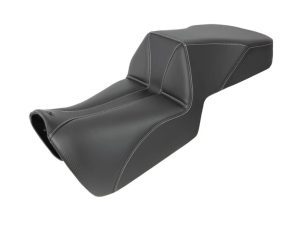 Black motorcycle seat with stitching for Revelry Motorcycles Australia website.