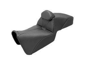 Rider motorcycle seat with black leather design for comfort and style.