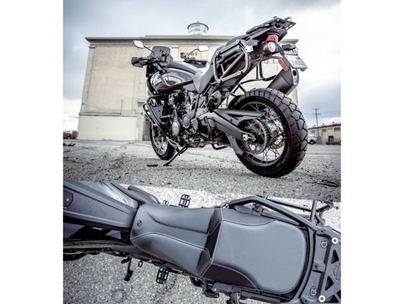 Rugged black adventure motorcycle with off-road tires and modern design.