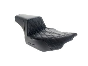 Comfortable black motorcycle seat with diamond stitching, ideal for Harley Davidson or cruiser bikes.