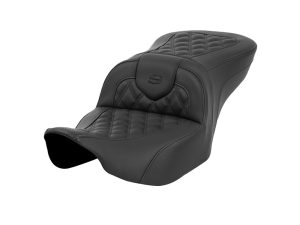 Comfortable black motorcycle seat with quilted stitching for Revelry motorcycle bikes.