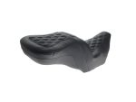 Comfortable black leather motorcycle seat with quilted stitching for Revelry Motorcycles.