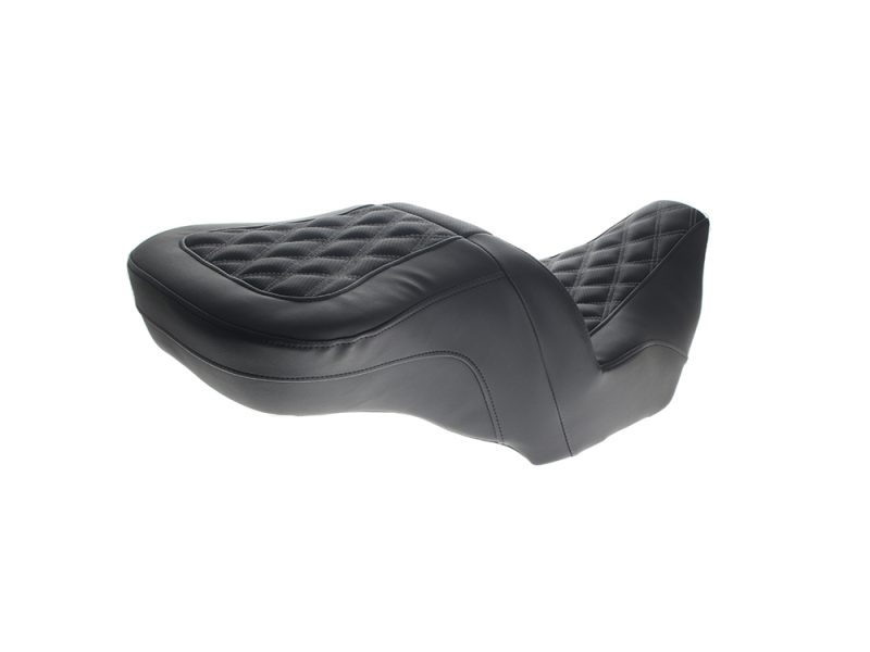 Comfortable black leather motorcycle seat with quilted stitching for Revelry Motorcycles.
