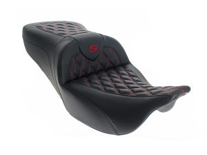 Comfortable black motorcycle seat with red stitching for Revelry Motorcycles Melbourne.