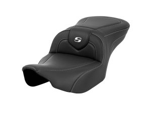 High-quality motorcycle seat with carbon fibre design and comfortable padding for touring rides.
