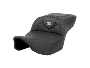 Comfortable black motorcycle passenger seat with sleek design for Harley Davidson bikes.