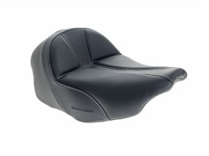 Comfortable black motorcycle passenger seat with durable synthetic leather for Revelry Motorcycles.