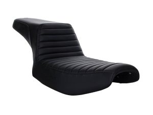 Lightweight black motorcycle seat for Harley Davidson, touring, or custom bikes.