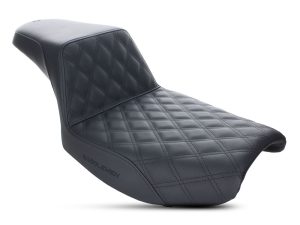 Luxurious black quilted motorcycle seat for Revelry Motorcycles.