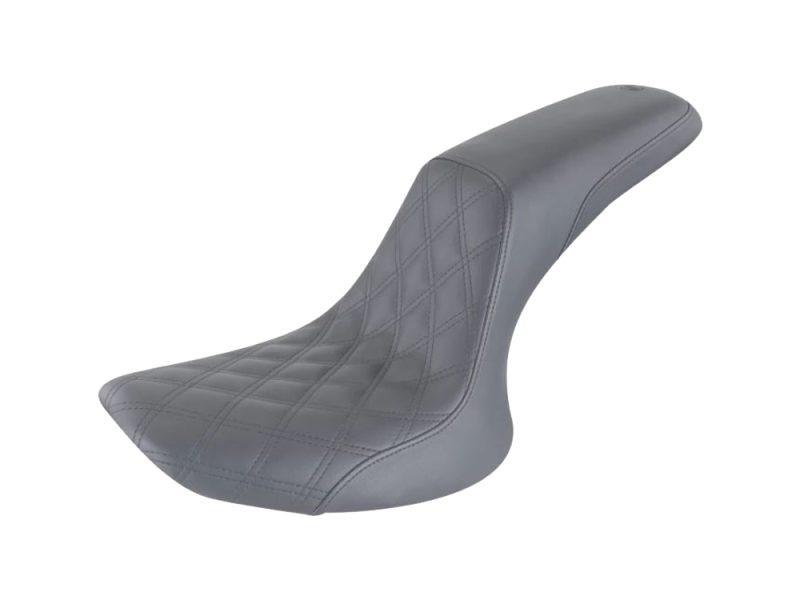 Comfortable black motorcycle saddle with diamond stitch detailing for enhanced style.