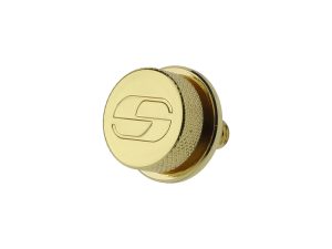 Gold motorcycle valve cap with engraved S logo, stylish and corrosion-resistant.