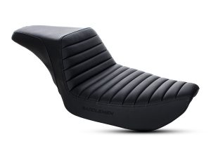 Comfortable black motorcycle seat for custom bikes and touring.