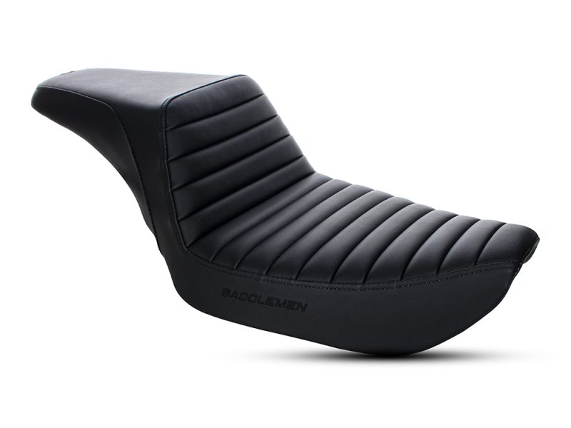 Comfortable black motorcycle seat for custom bikes and touring.
