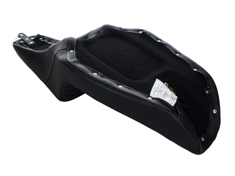 Leather motorcycle seat with studs for Harley Davidson bikes, black comfort stock saddle.